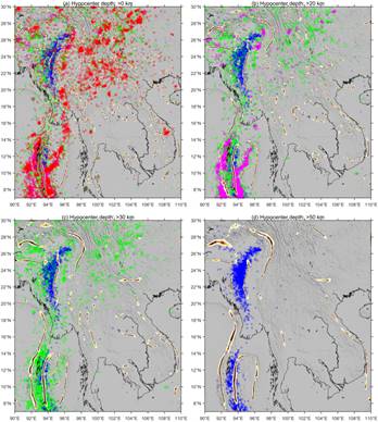 中南半岛布格重力不同高度向上延拓ILGNH边缘检测+4级以上震源位置+灰色地形